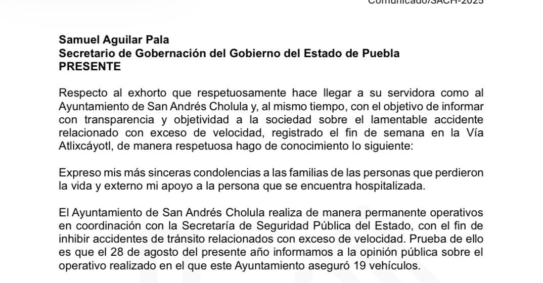 San Andrés Cholula reitera compromiso con la seguridad y aclara jurisdicción sobre accidente en vía Atlixcáyotl