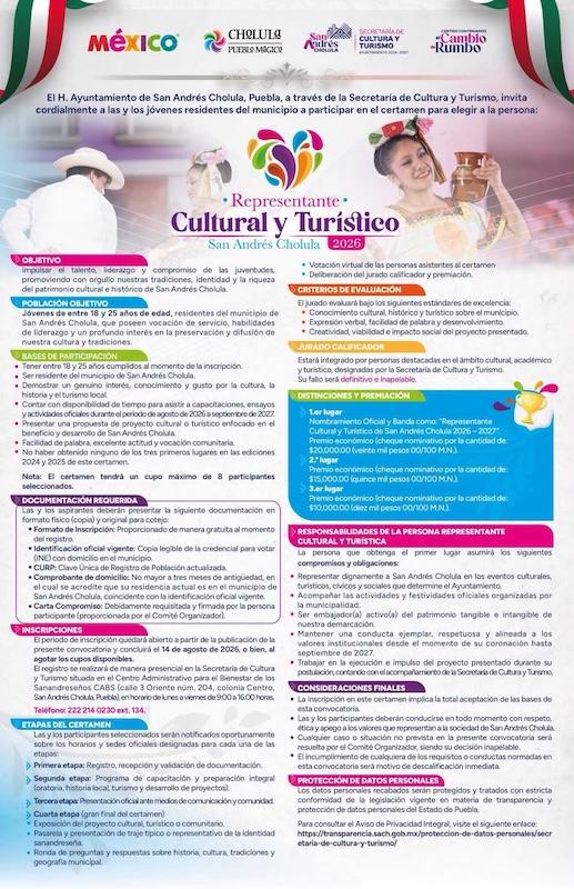 Invita Gobierno de San Andrés Cholula a participar en el certamen Representante Cultural y Turístico 2026